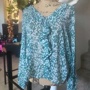 White House Black Market Teal and White Ruffle V-Neck Blouse